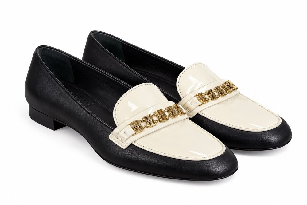 Tory Burch Black White Leather Loafers Gold Chain Women’s US 8.5